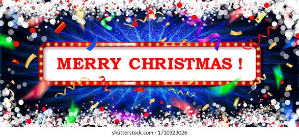 Merry christmas and happy new year 2020 vector greeting card and poster design with golden ribbon,star and confetti. On wooden background. Vector illustration