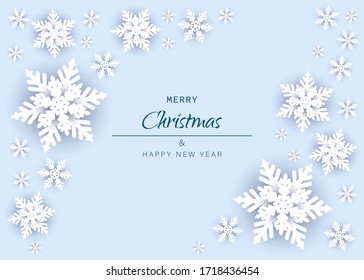 Merry christmas and happy new year snowflakes on white background. Greeting card, invitation, flyer vector.