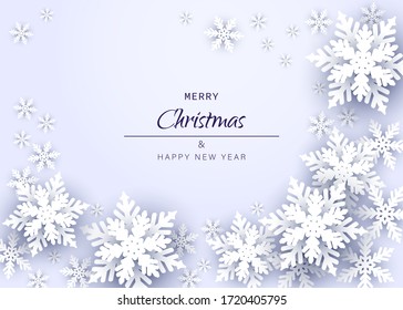 Merry christmas and happy new year snowflakes on blue background. Greeting card, invitation, flyer vector.