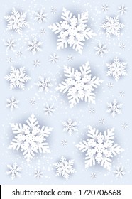 Merry christmas and happy new year snowflakes on blue background. Greeting card, invitation, flyer vector. Vertical view