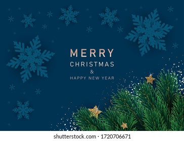Merry Christmas And Happy New Year Snowflakes On Blue Background. Greeting Card, Invitation, Flyer Vector.