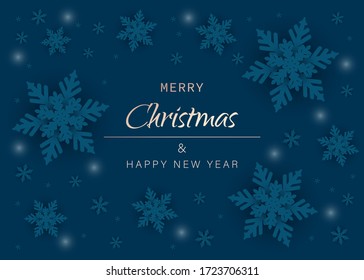 Merry christmas and happy new year snowflakes on blue background. Greeting card, invitation, flyer vector.