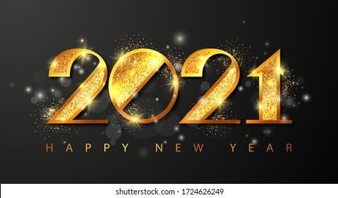 Merry Christmas and Happy New Year 2021 holiday greeting card with golden numbers,sparkles and fireworks.  Happy New Year holiday symbol template. Vector background