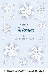 Merry christmas and happy new year snowflakes on blue background. Greeting card, invitation, flyer vector. Vertical view.