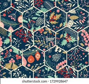 Merry Christmas, Happy New Year seamless pattern from patches with fir cone, holly leaves and berries for greeting cards, wrapping papers. Seamless winter patchwork. Vector illustration.