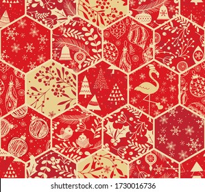 Merry Christmas, Happy New Year seamless pattern from patches with Christmas trees, holly leaves berries, birds  for greeting cards, wrapping paper. Seamless winter patchwork. Vector illustration.