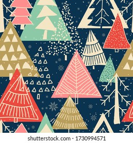 Merry Christmas, Happy New Year seamless pattern with Christmas trees for greeting cards, wrapping paper. Doodles. Seamless colorful winter pattern on black background. Vector illustration.