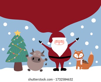 Merry Christmas and Happy New Year with Santa Claus, winter fox, ox, decoration Christmas tree on red, blue look like snowing background. Vector