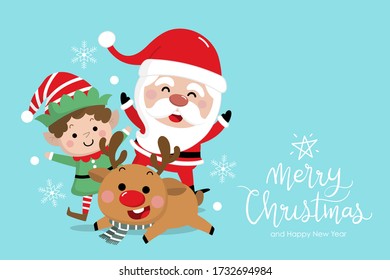 Feliz Navidad y feliz tarjeta de saludo de año nuevo con Santa Claus, reno y pequeño elfo. El vector del personaje de dibujos animados de vacaciones.