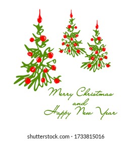 Merry Christmas and Happy New Year background for banner, poster, invitations and greeting cards. Winter pattern with Christmas hand drawn tree. Vector illustration
