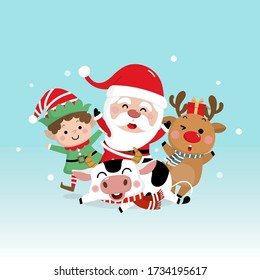 Merry Christmas and happy new year greeting card with Santa Claus, reindeer, little elf and male cow. 2021 The year of the ox. Cute holiday cartoon character vector.