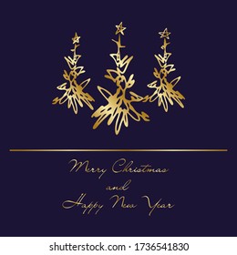 Merry Christmas and Happy New Year. Blue and gold background for banner, poster, invitations and greeting cards. Winter pattern with Christmas hand drawn trees. Vector illustration