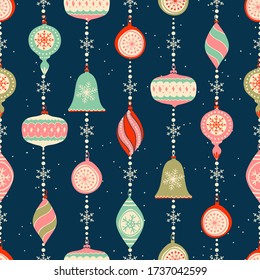 Merry Christmas, Happy New Year seamless pattern with snowflakes, balls and toys for greeting cards, wrapping paper. Doodles. Seamless colorful winter pattern on black background. Vector illustration