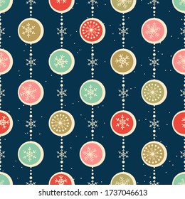Merry Christmas, Happy New Year seamless pattern with snowflakes  and balls for greeting cards, wrapping paper. Doodles. Seamless colorful winter pattern on black background. Vector illustration.