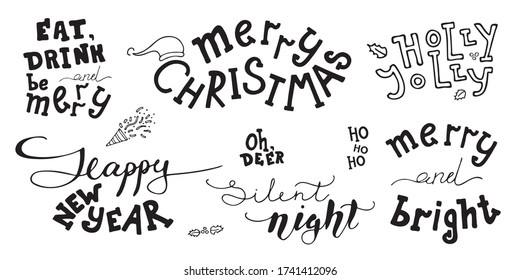 Merry Christmas and Happy New Year set lettering. Vector logo, emblems, text design. Usable for banners, greeting cards, gifts etc.