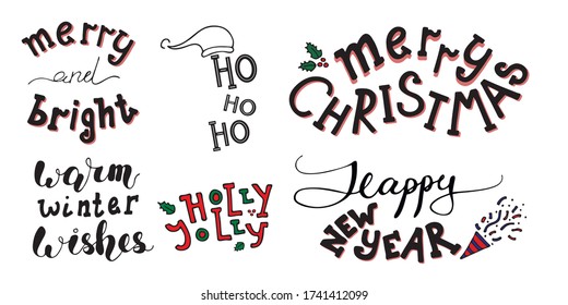 Merry Christmas and Happy New Year set lettering. Vector logo, emblems, text design. Usable for banners, greeting cards, gifts etc.