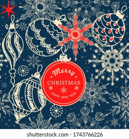 Merry Christmas, Happy New Year greeting card with lettering. Brochure, poster templates in Christmas style. Beautiful design and layout. Seamless winter background. Vector illustration