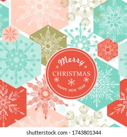 Merry Christmas, Happy New Year greeting card with lettering and snowflakes. Brochure, poster templates in Christmas style. Beautiful design and layout. Seamless winter background. Vector illustration
