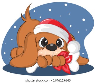 Merry Christmas and Happy New Year! Cheerful dog in Santa Claus hat with bone.