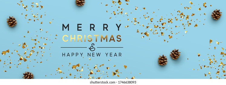 Merry Christmas and Happy New Year. Xmas background with realistic vibrant confetti. Pine cones. Vector illustration