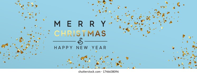 Merry Christmas and Happy New Year. Xmas background with realistic vibrant confetti. Horizontal christmas poster, greeting cards, headers, website. Vector illustration