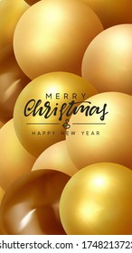Merry Christmas and Happy New Year. Background with realistic 3d render golden round balls, yellow sphere, brown pearls pattern. Vector illustration.