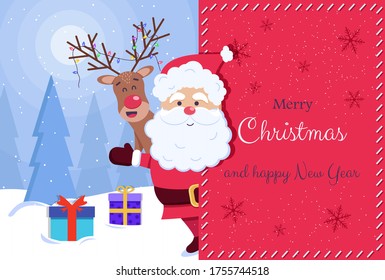 Merry Christmas and Happy New Year Greeting Card. Santa and deer. Vector