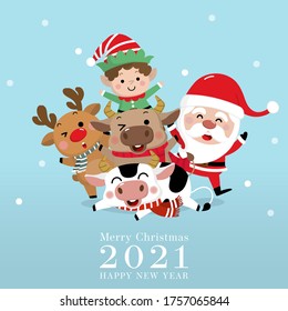 Merry Christmas and happy new year greeting card with Santa Claus, reindeer, little elf and male cow. 2021 The year of the ox. Cute holiday cartoon character vector.