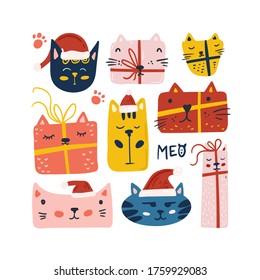 Merry Christmas and Happy New Year illustration. Trendy style cat. Vector design template. Design for poster, card, invitation, placard, brochure, flyer.