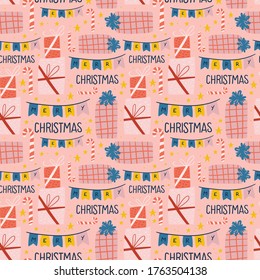 Merry Christmas and Happy New Year seamless pattern illustration. Trendy style. Vector design template. Design for poster, card, invitation, placard, brochure, flyer.