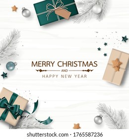 Merry Christmas and Happy New Year. Xmas background decorated with gifts box, pine branch, Christmas balls, confetti, and star isolated on white wood background. Minimal style.  Vector illustration.