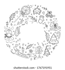 Merry christmas and Happy new year vector background black symbols isolated on white. Doodle Christmas holiday greeting card design elements. Sketch drawing for your design.