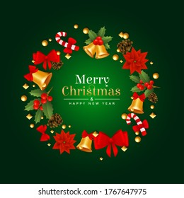 Merry Christmas and happy new year with Christmas wreath and holly, glowing lights. Red & golden elements, green background. Vector illustration.