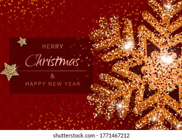 Merry christmas and happy new year gold snowflakes on red background. Christmas background with Shining gold Snowflakes