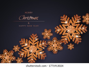 Merry christmas and happy new year gold snowflakes. Christmas background with Shining gold Snowflakes vector background.