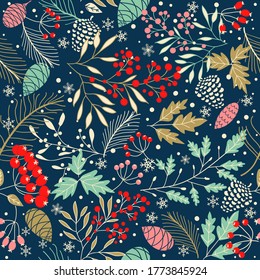 Merry Christmas, Happy New Year seamless pattern with toys, fir cone, holly leaves and berries for greeting cards, wrapping papers. Seamless winter pattern. Vector illustration.