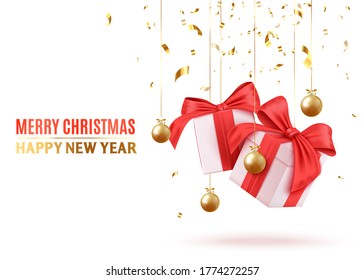 Merry Christmas and Happy New Year. Background with realistic festive gifts box. White with red ribbon gift, golden Christmas baubles, balls, glitter golden confetti