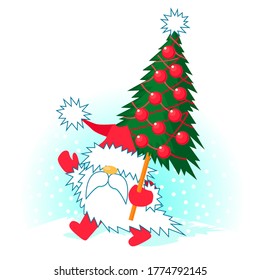 Feliz Navidad y feliz tarjeta de saludo de Año Nuevo con un lindo Papá Noel cargando un árbol de Navidad decorado en su mano. Caricatura de personajes festivos en la tarjeta de invierno. Vector dibujado a mano.