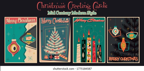 Merry Christmas and Happy New Year Greeting Cards, Posters, Cover Templates, Mid Century Modern Style Illustrations, Christmas Tree, Decorations, Candles, Snowflakes