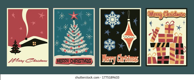 Merry Christmas and Happy New Year Greeting Card Set, Mid Century Modern Art Winter Holidays Postcards Style, Christmas Tree, Decorations, Gift Boxes, Snowflakes