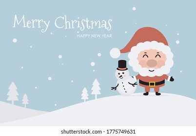 Merry Christmas and happy new year with cute Santa Claus and snowman in green background. Holidays cartoon character vector.