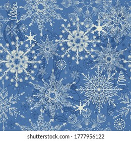 Merry Christmas, Happy New Year seamless pattern with snowflakes for greeting cards, wrapping paper. Doodles. Seamless winter pattern on blue background. Vector illustration.