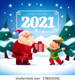 Merry Christmas and Happy new year 2021 illustration with Santa Claus give presents to little smiling boy on winter forest landscape. Congratulation  card, banner, poster design. Vector flat cartoon.