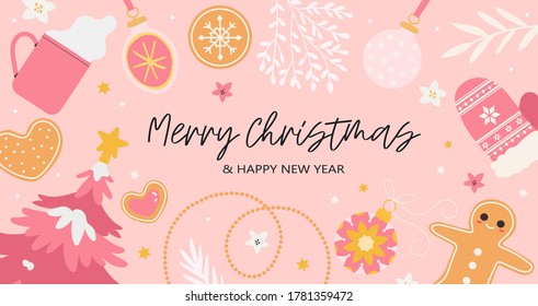 Merry christmas and happy new year greeting banner, party invitation, landing page or greeting post card with floral elements, fir tree home-made cookies and gifts. Cute christmas decorations.