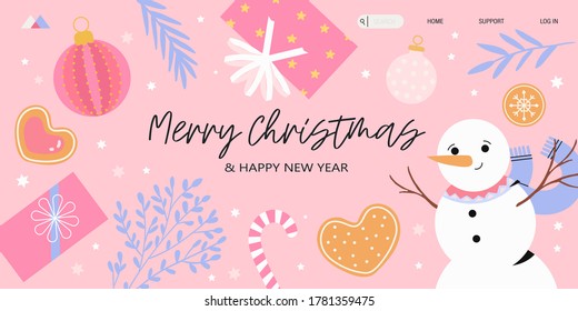 Merry christmas and happy new year greeting banner, party invitation, landing page or greeting post card with floral elements, snowman, home-made cookies and gifts. Cute christmas decorations.