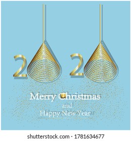 Merry Christmas and Happy New Year. Background Xmas design, realistic  gold confetti. Christmas poster, greeting cards, headers, website, 2020 year, 2021 year
