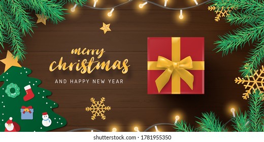 Merry Christmas and happy new year banner with decoration from top view.