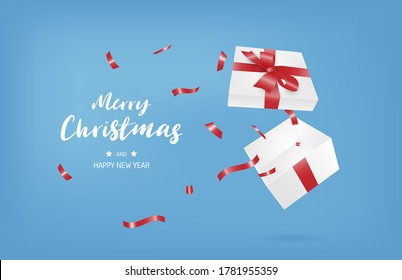 Merry Christmas and happy new year banner with open gift box on blue background.