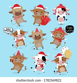 Merry Christmas and happy new year 2021. The year of the ox. The male cow and bull wear red winter costume. Animal holidays cartoon character. -Vector