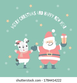 merry christmas and happy new year with santa claus and cute french bulldog in the winter season green background, flat vector illustration cartoon character costume design